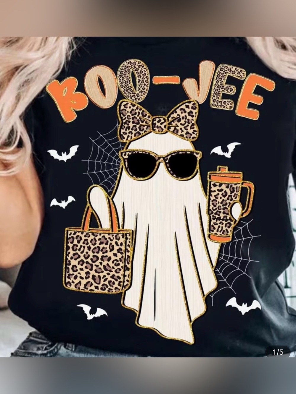 Black "Boo-Jee” Graphic Halloween Ghost Tee with Leopard Accents